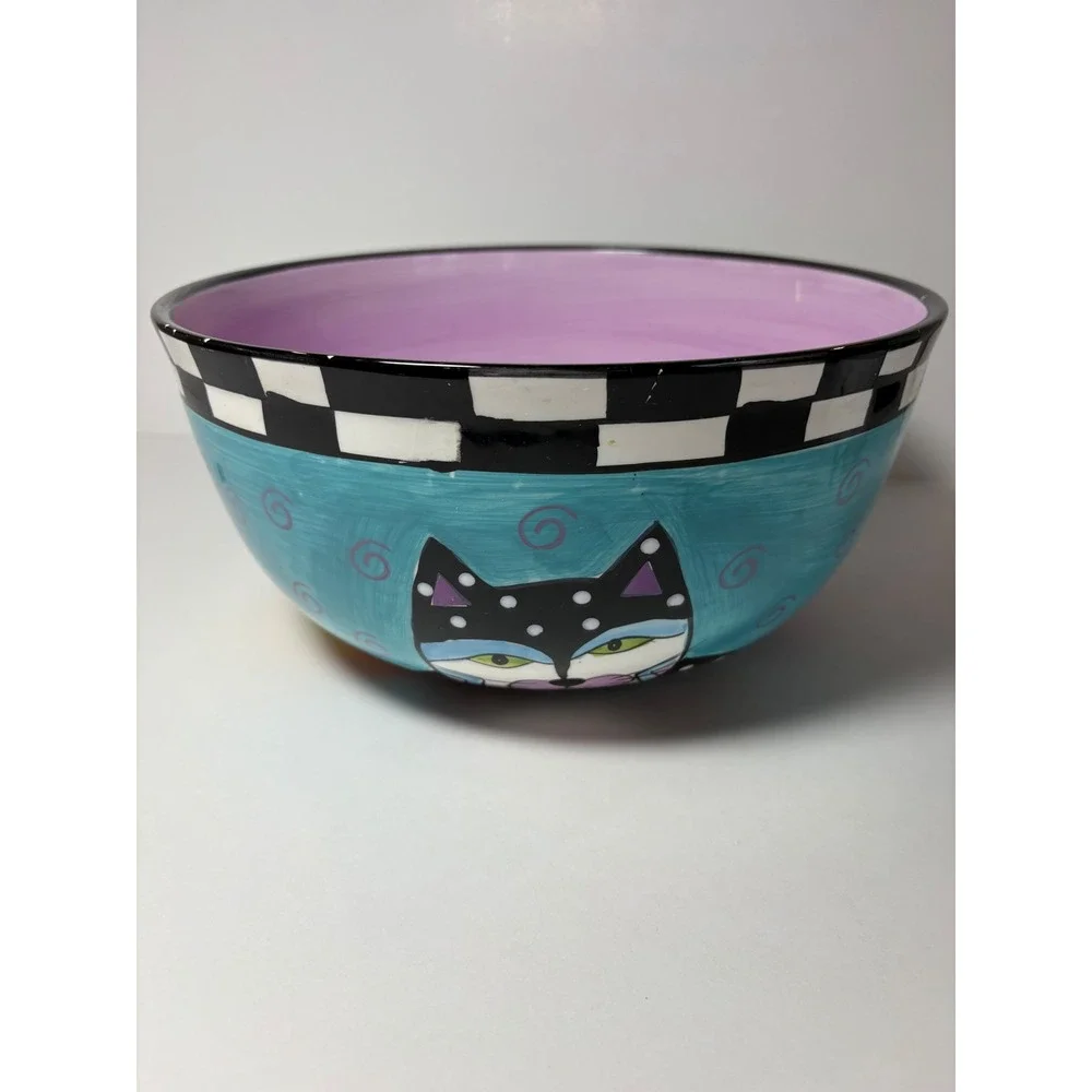 Whimsical Hand Painted by Milson & Louis Ceramic Bowl Turquoise Checkered Rim
